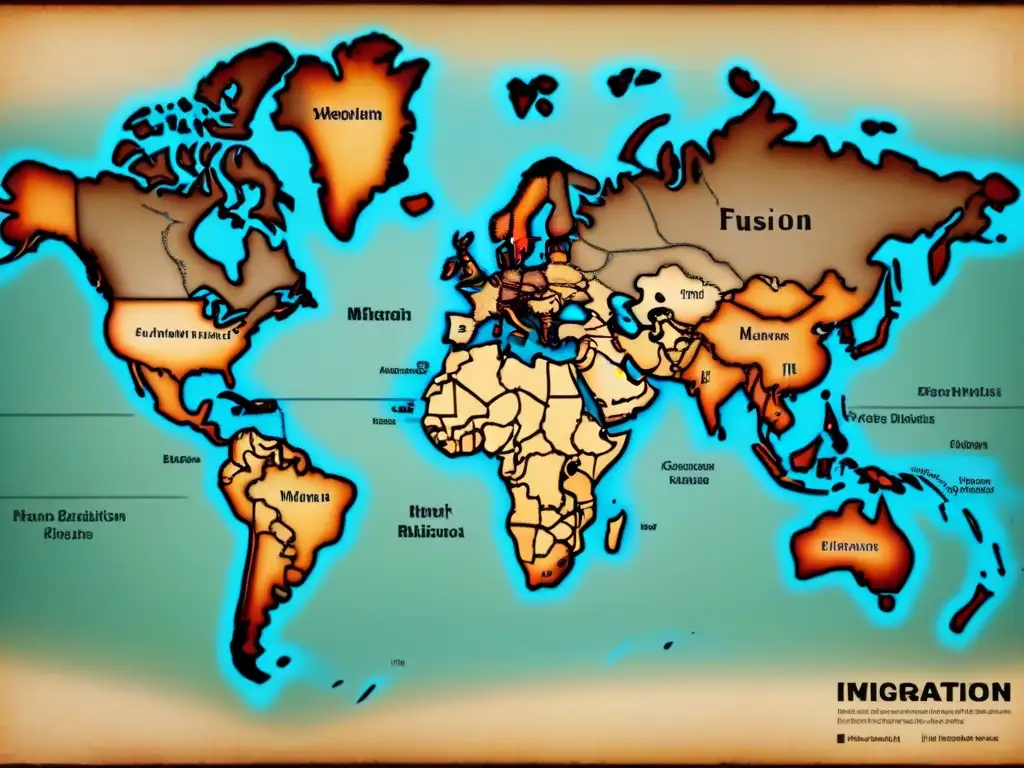 Mapa detallado de rutas de migración y colonización, fusionando influencias lingüísticas en regiones