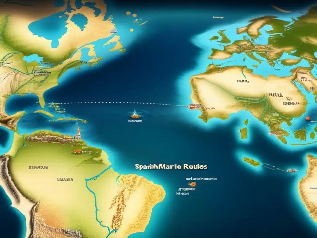 Mapa detallado de rutas marítimas españolas con ilustraciones de barcos, brújulas y criaturas marinas, reflejando la historia de los apellidos marítimos España