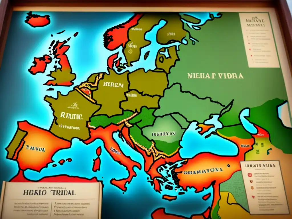 Mapa detallado de Europa del Este con rutas de migración de tribus eslavas, caligrafía y símbolos tradicionales