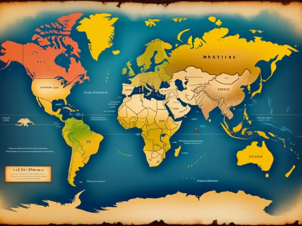 Mapa detallado de rutas de migración antigua de linajes maternos, con símbolos y paisajes