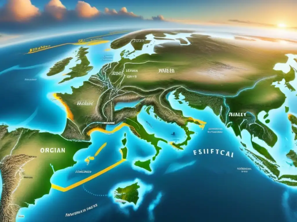 Mapa detallado de rutas migratorias ancestrales con elegantes anotaciones en caligrafía, destacando orígenes y asentamientos