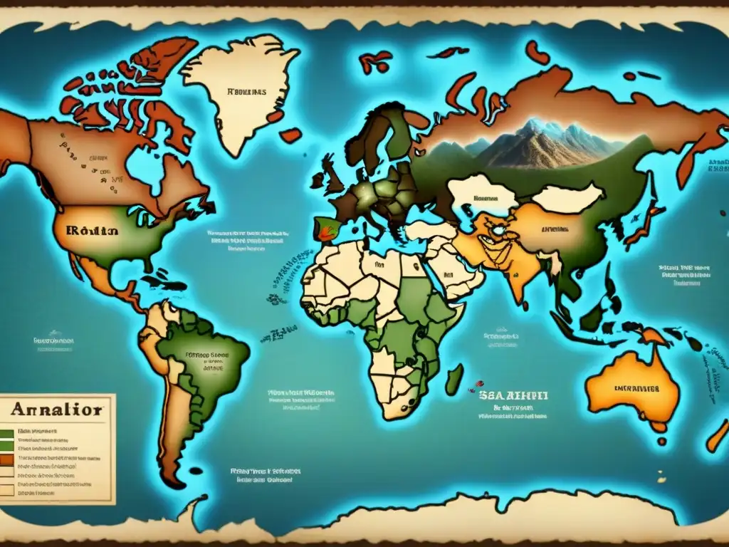 Mapa detallado de rutas migratorias con ilustraciones de familias viajando juntas, en tonos sepia