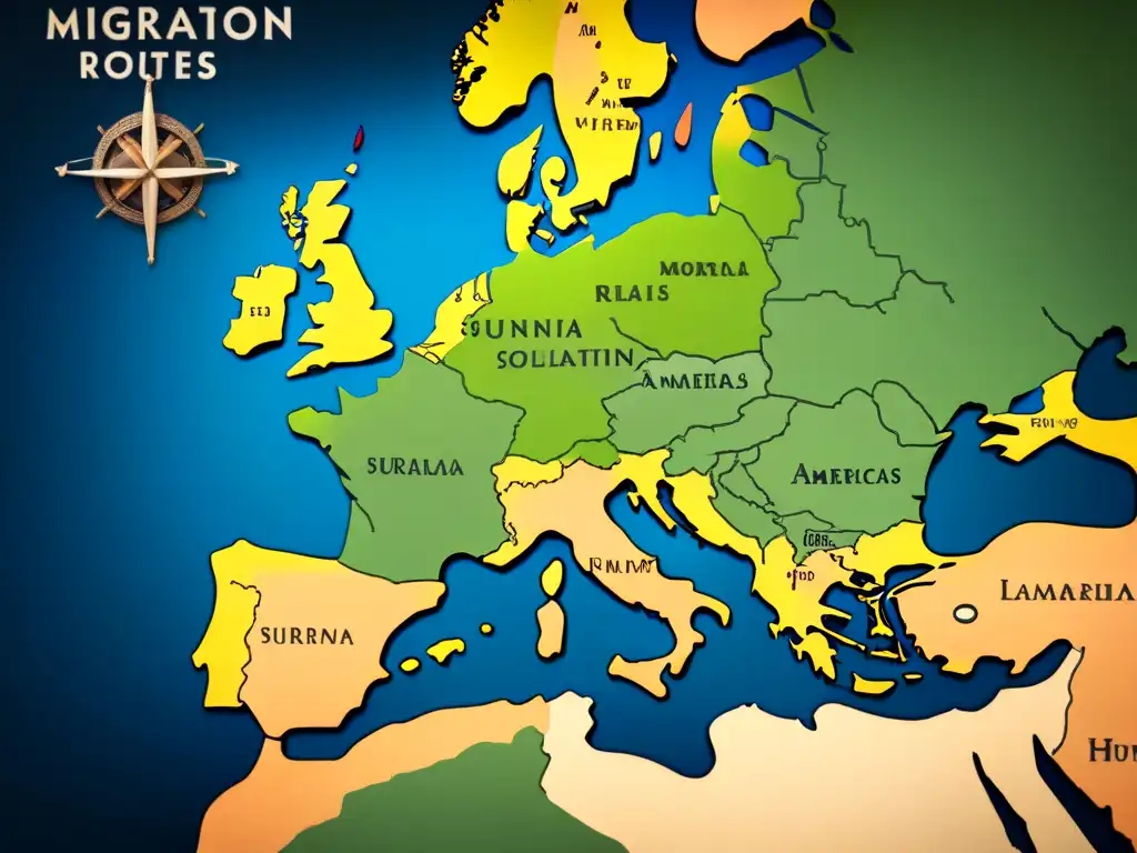 Mapa ancestral: rutas migratorias de apellidos de Europa a América Mapa detallado de las rutas migratorias de apellidos de Europa a América con ilustraciones vintage de barcos, brújulas y monumentos históricos