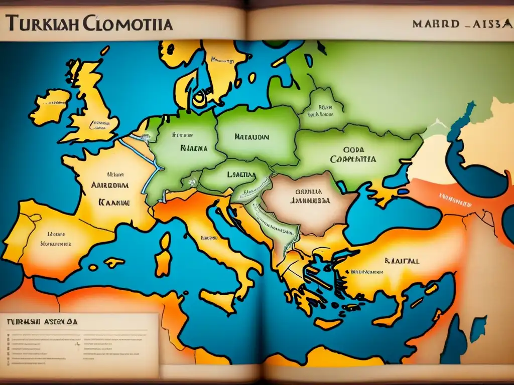 Mapa detallado de rutas migratorias de apellidos turcos en Asia y Europa, con ilustraciones de caravanas y barcos