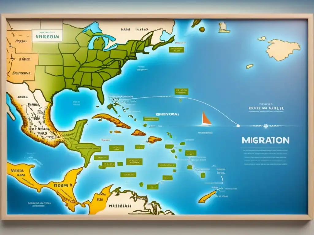 Un mapa detallado con rutas migratorias de apellidos griegos en América, adornado con símbolos culturales griegos