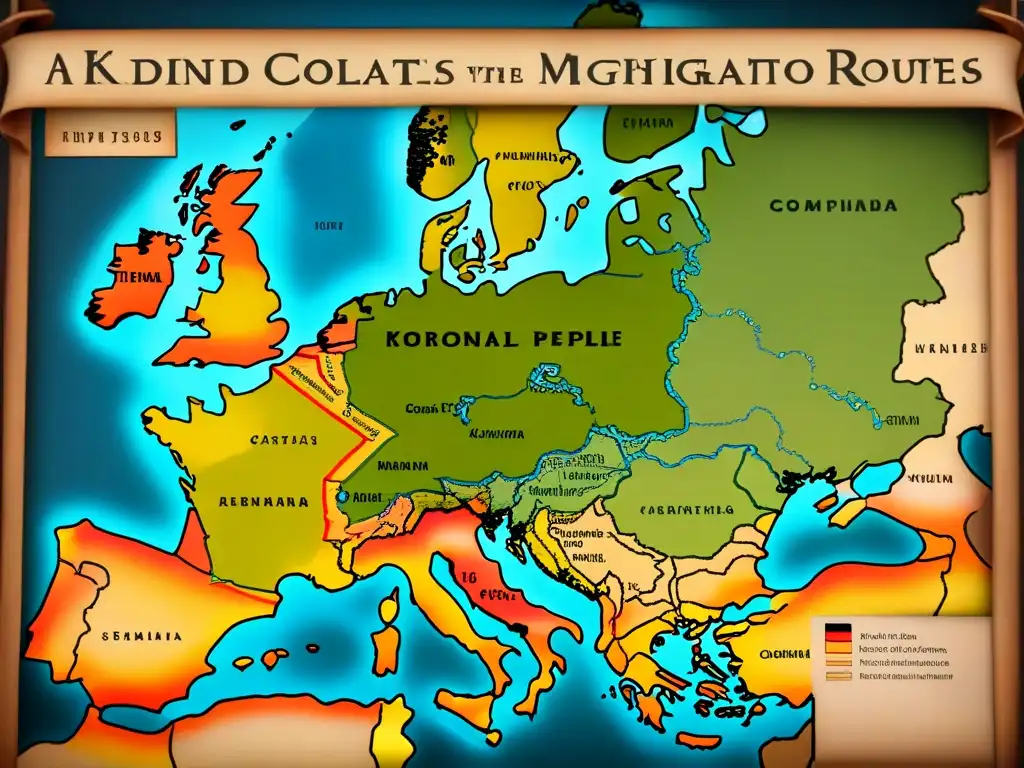 Mapa detallado de las rutas migratorias históricas de los pueblos eslavos, con ilustraciones medievales