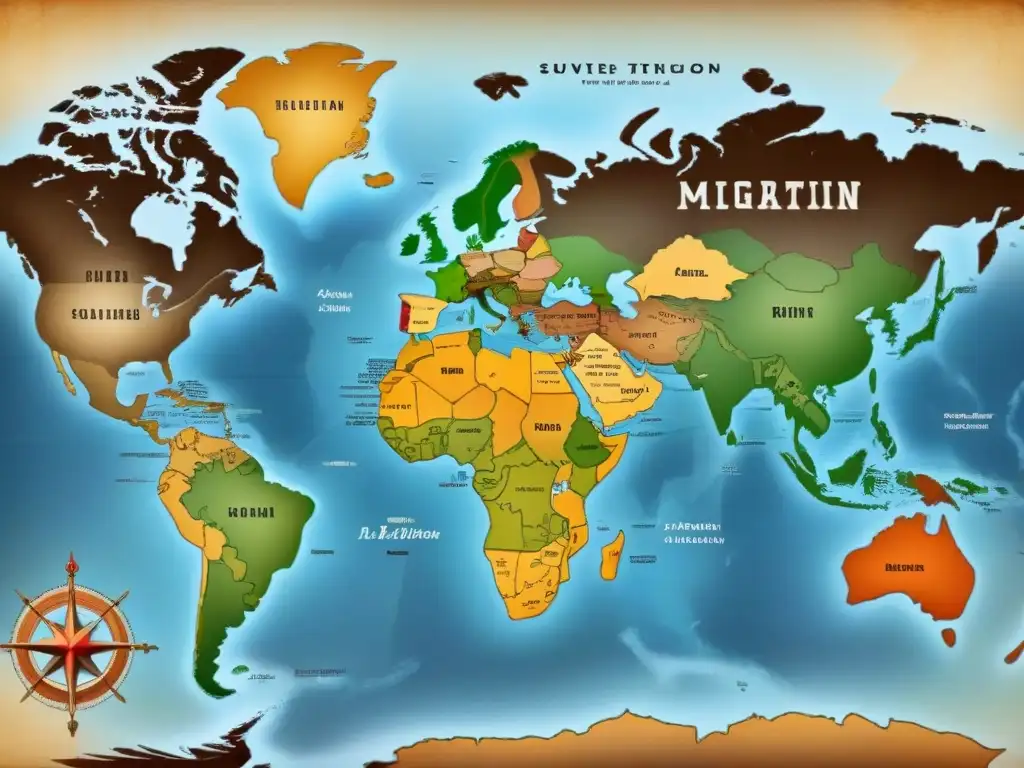 Mapa sepia detallado de rutas migratorias de apellidos, fusionando historia, cultura y lingüística