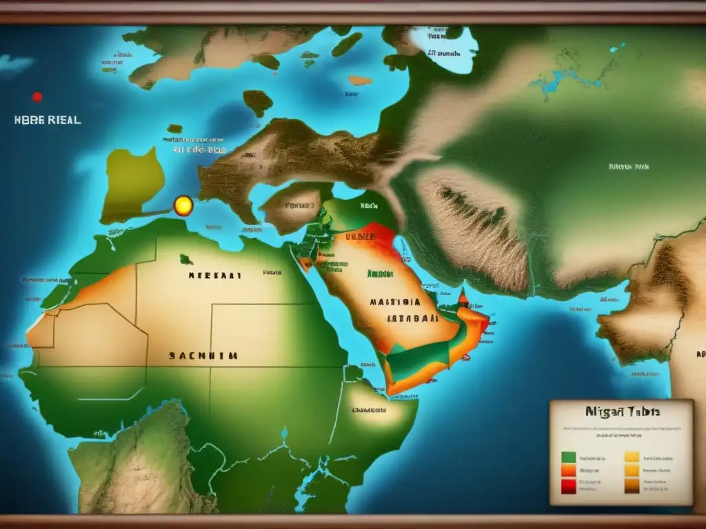 Mapa detallado mostrando rutas migratorias de tribus bereberes en África del Norte, con símbolos y patrones tradicionales adornando los bordes