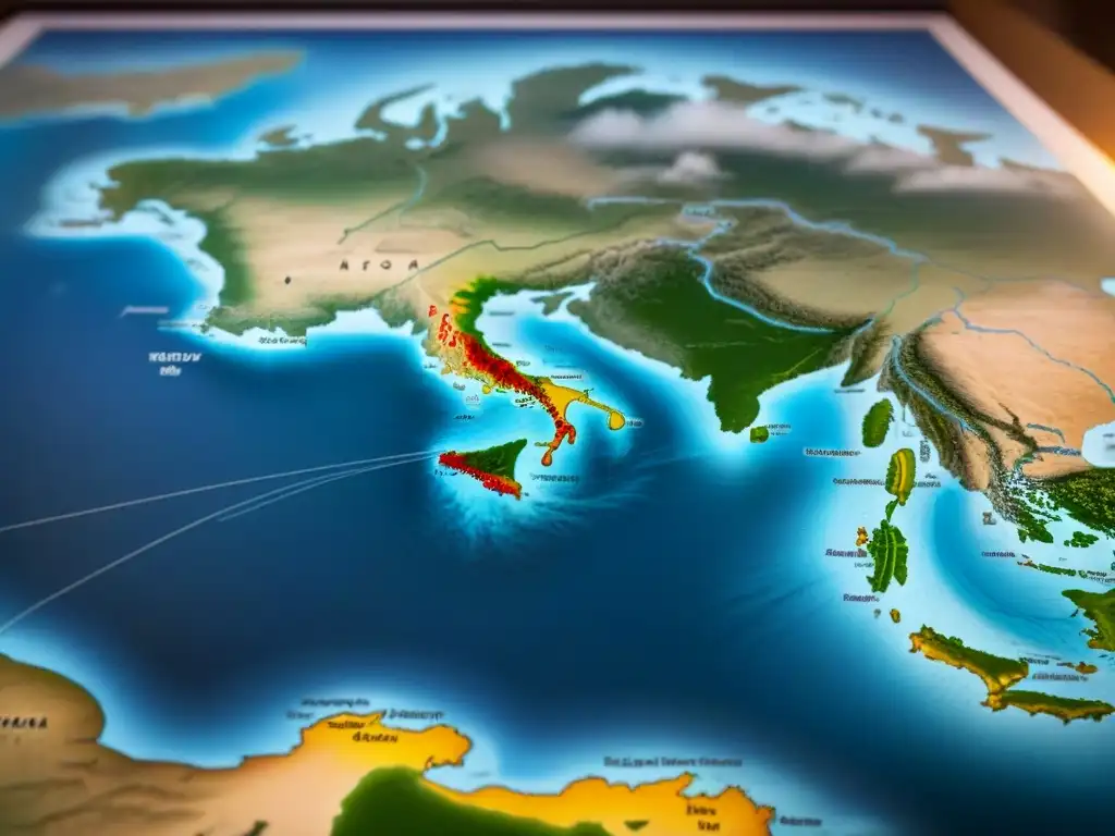 Mapa antiguo: rutas de migración y símbolos culturales Mapa detallado con rutas migratorias antiguas, símbolos culturales y caminos borrosos en tinta, conectando continentes
