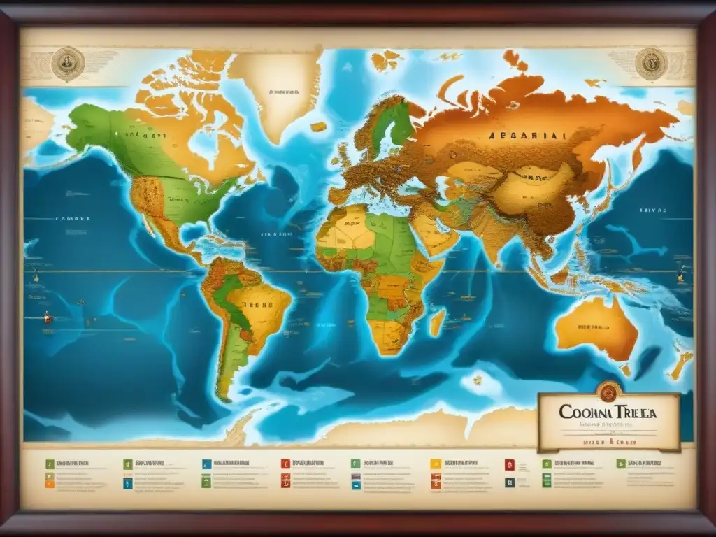 Mapa detallado con rutas migratorias y árboles genealógicos, simbolizando el impacto de políticas coloniales en genealogías familiares