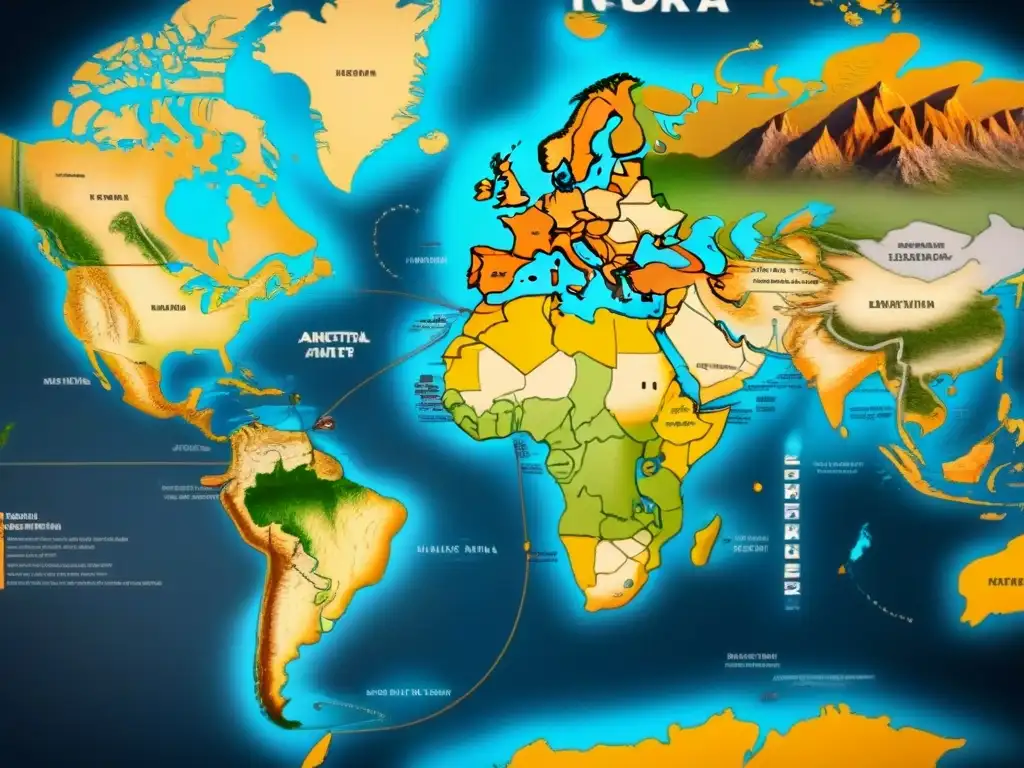 Mapa detallado de rutas migratorias ancestrales ADN con símbolos cartográficos antiguos y ADN entrelazado