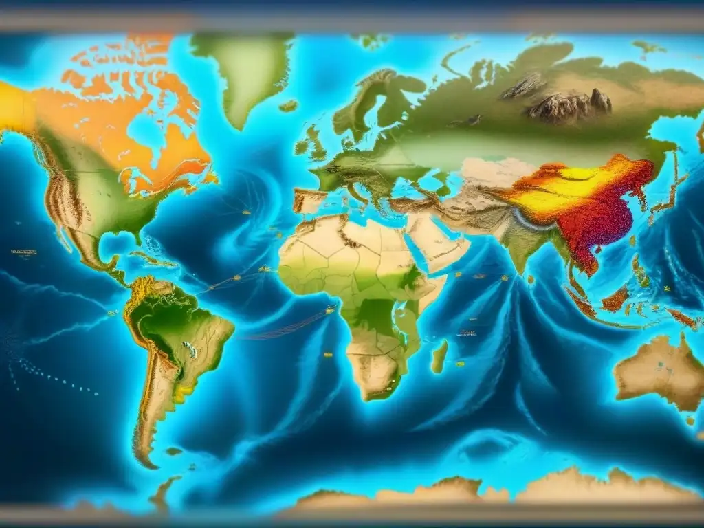 Un mapa detallado muestra rutas migratorias ancestrales con ADN, conectando continentes y culturas