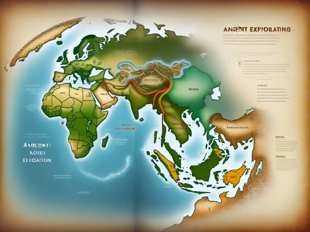 Mapa detallado de rutas migratorias ancestrales ADN con símbolos culturales en pergamino envejecido