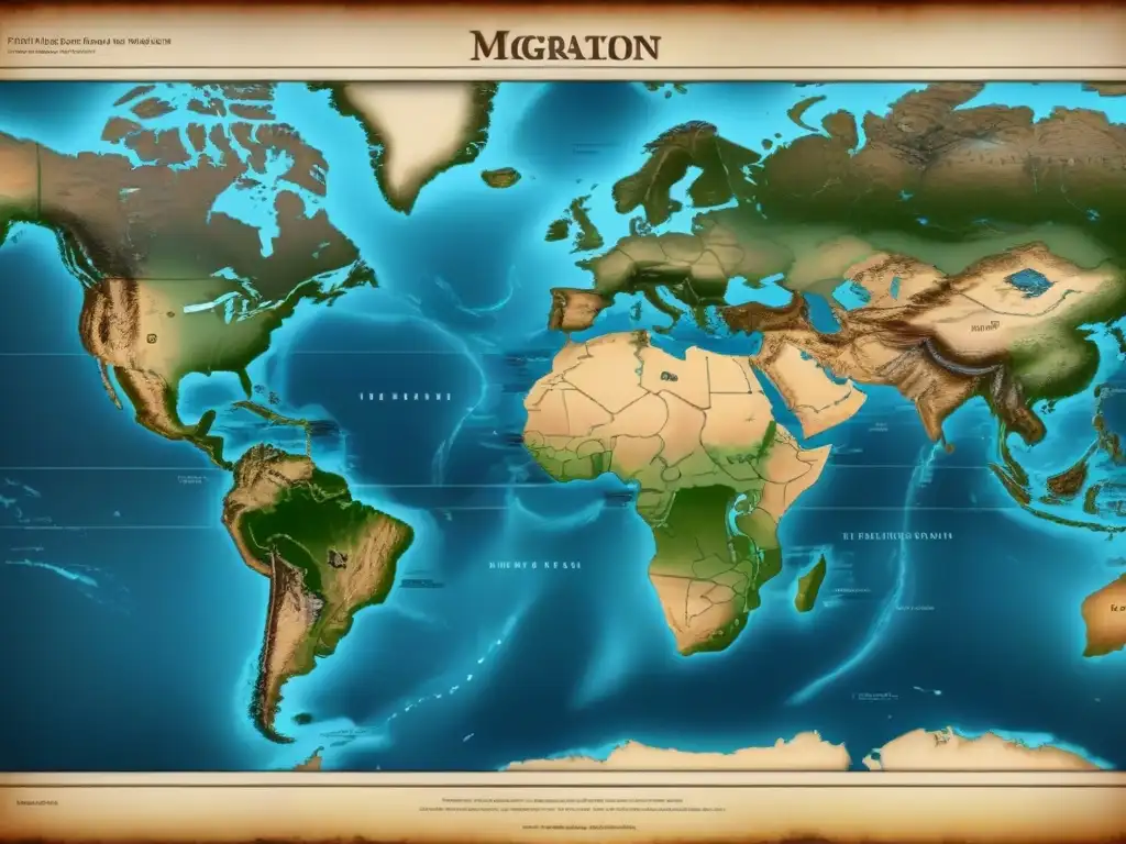 Mapa detallado con rutas migratorias de apellidos, ilustraciones de barcos, trenes y huellas, historia apellidos migración genealogía