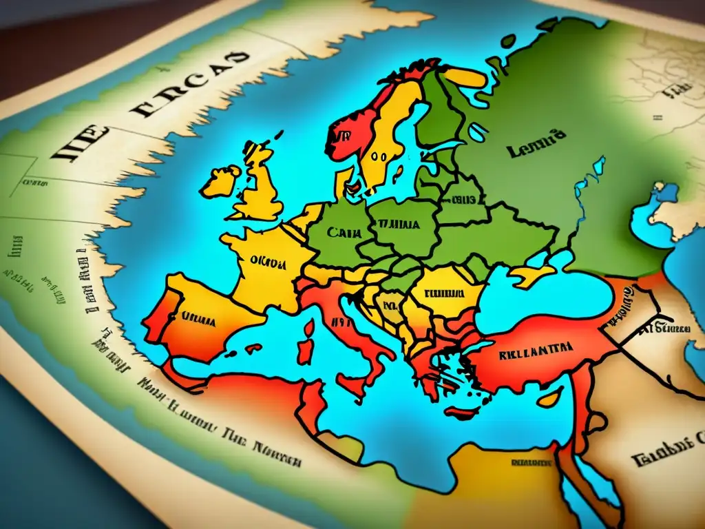 Mapa detallado de rutas de peregrinación medievales con colores desgastados y ornamentos, evocando historia y peregrinaciones medievales