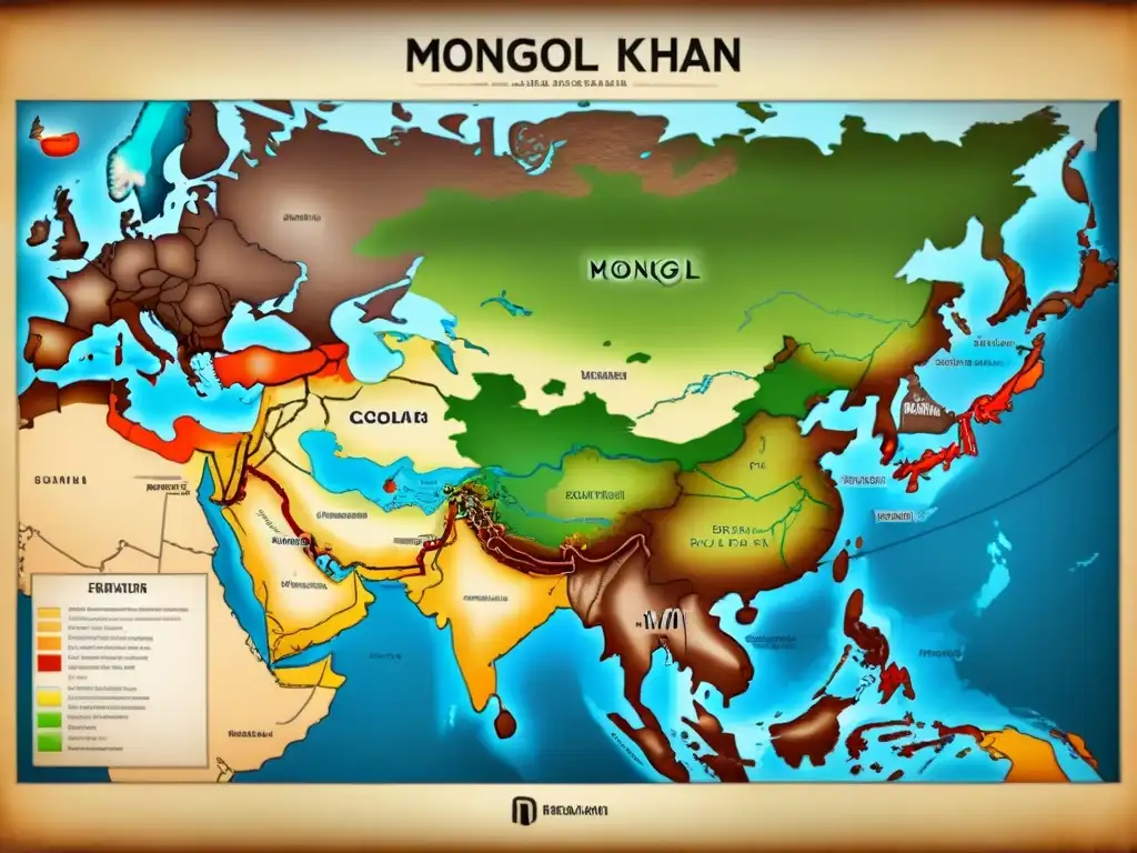 Mapa detallado del vasto Imperio Mongol bajo el linaje de Genghis Khan, con rutas comerciales y ciudades clave en tonos terrosos