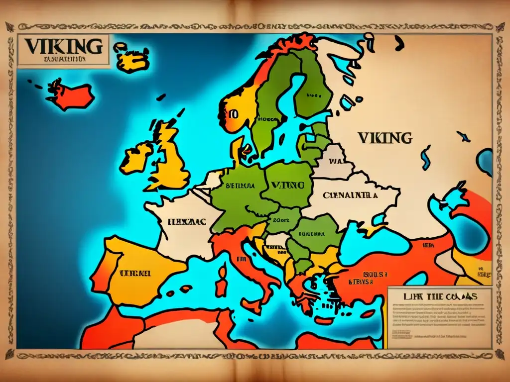 Mapa detallado de la expansión vikinga en Europa, con origen apellidos vikingos en diferentes regiones