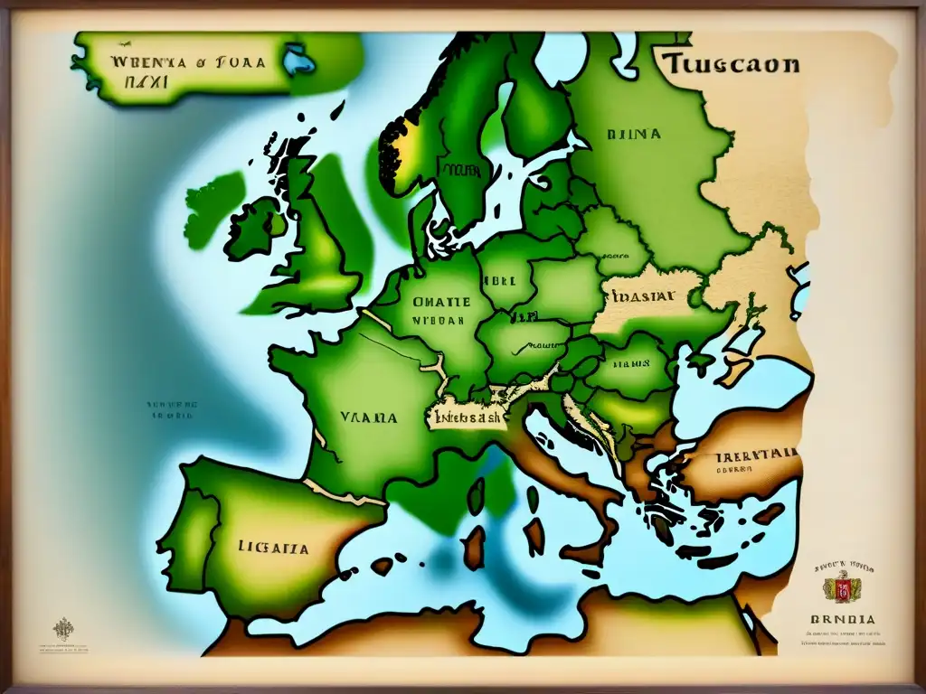 Mapa detallado de viñedos europeos con ilustraciones de uvas, barricas y castillos