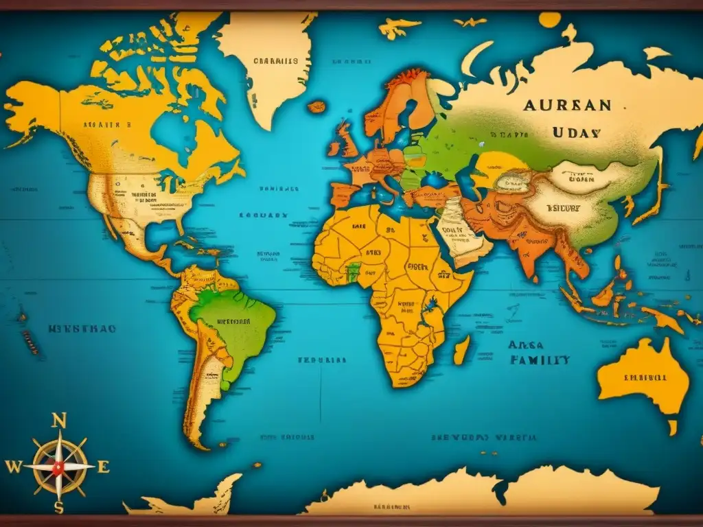 Mapa detallado vintage de las Américas con rutas migratorias de familias nobles de Europa a América