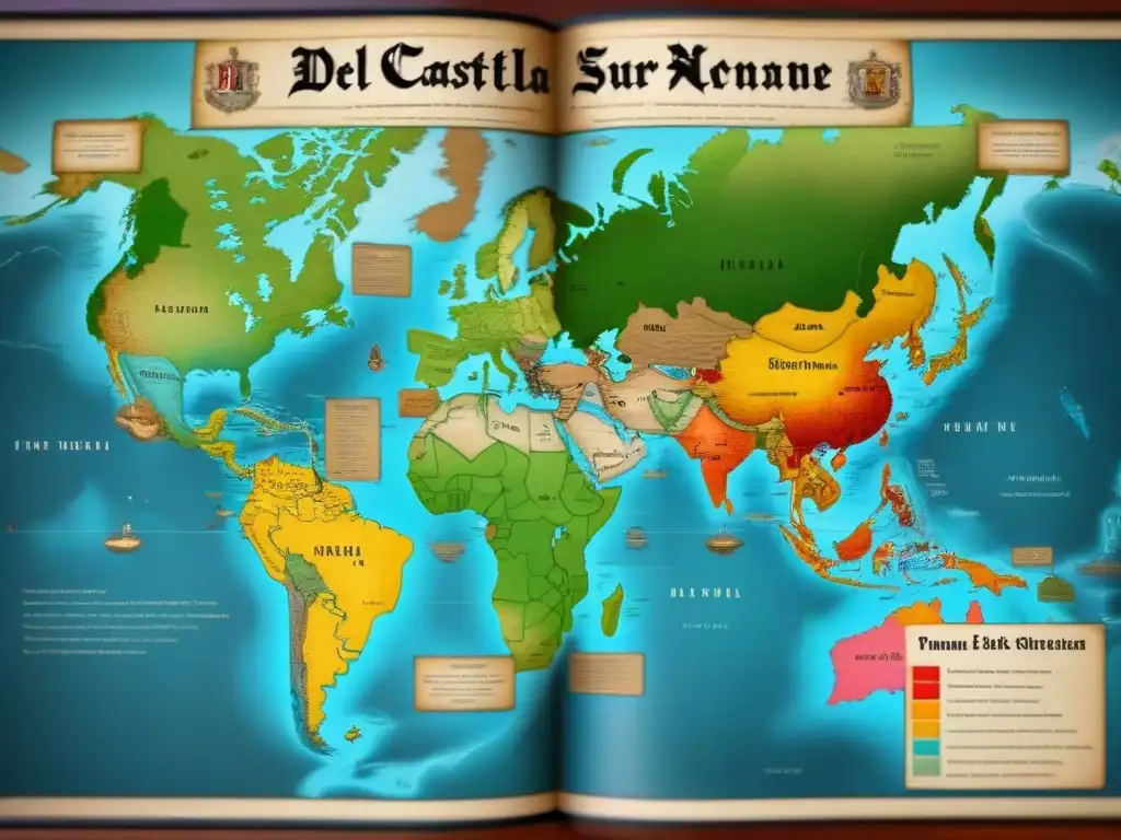 Un mapa detallado vintage mostrando la dispersión del apellido Del Castillo en el mundo, resaltando conexiones históricas