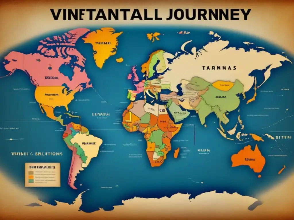 Mapa detallado vintage mostrando la dispersión de apellidos con T en distintos continentes