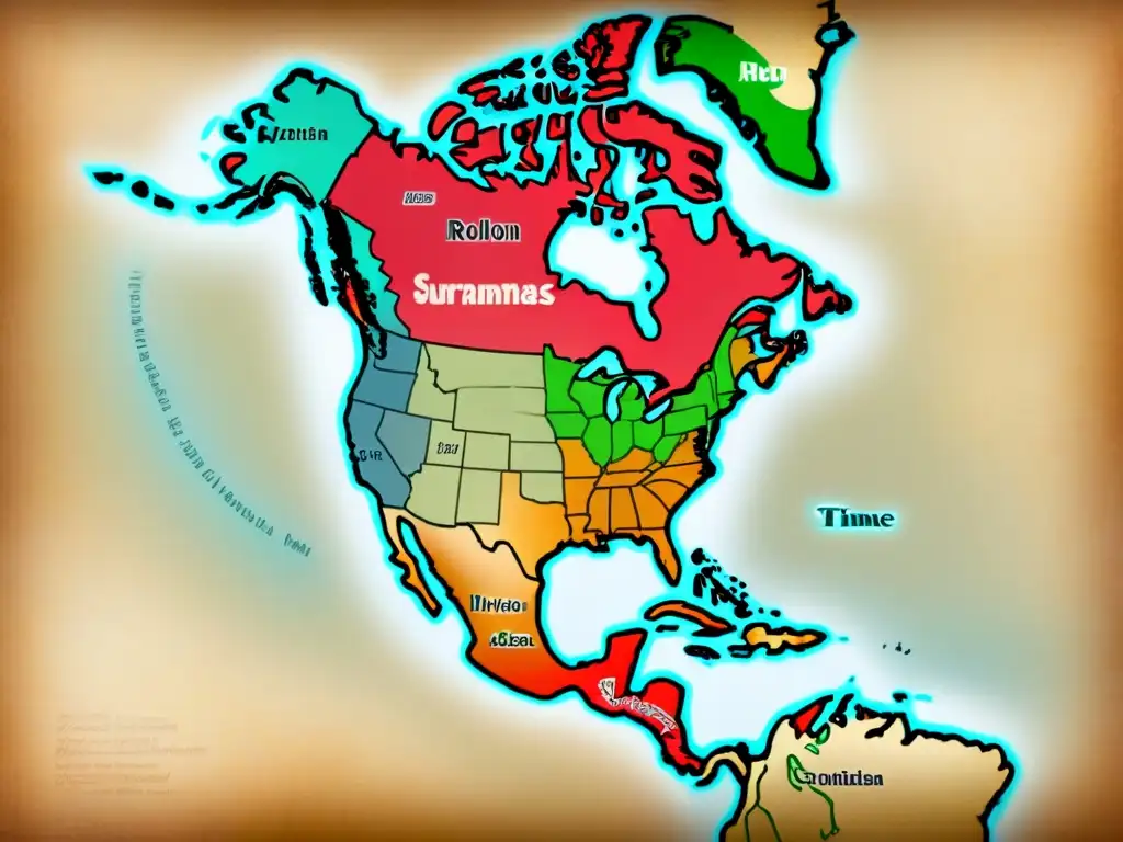 Mapa detallado vintage de América con evolución de apellidos, caligrafía intrincada y áreas clave de apellidos desaparecidos