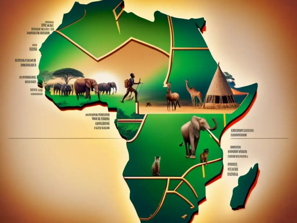 Mapa detallado vintage de África, evolución apellidos en sociedades nómadas, tonos sepia