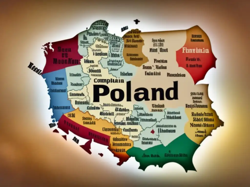 Mapa detallado vintage de Polonia con apellidos polacos y caligrafía antigua, historia apellidos polacos Polonia