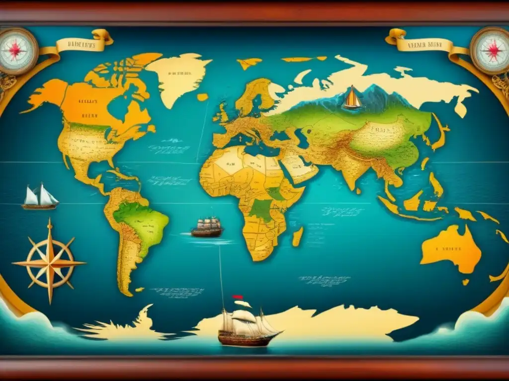 Mapa detallado vintage del Océano Atlántico con ilustraciones de barcos del siglo XVIII, evocando la historia de los apellidos de Europa a América