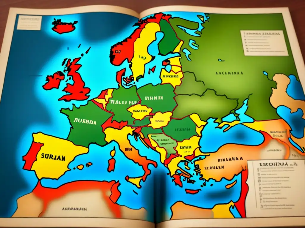 Mapa detallado vintage de la Península Balcánica con la dispersión de apellidos en Europa, rodeado de motivos tradicionales balcánicos