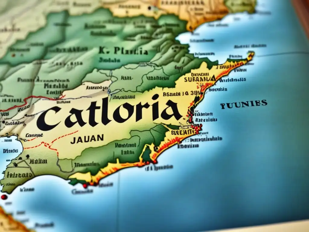 Mapa detallado vintage de Cataluña con caligrafía antigua destacando el origen del apellido Pujol