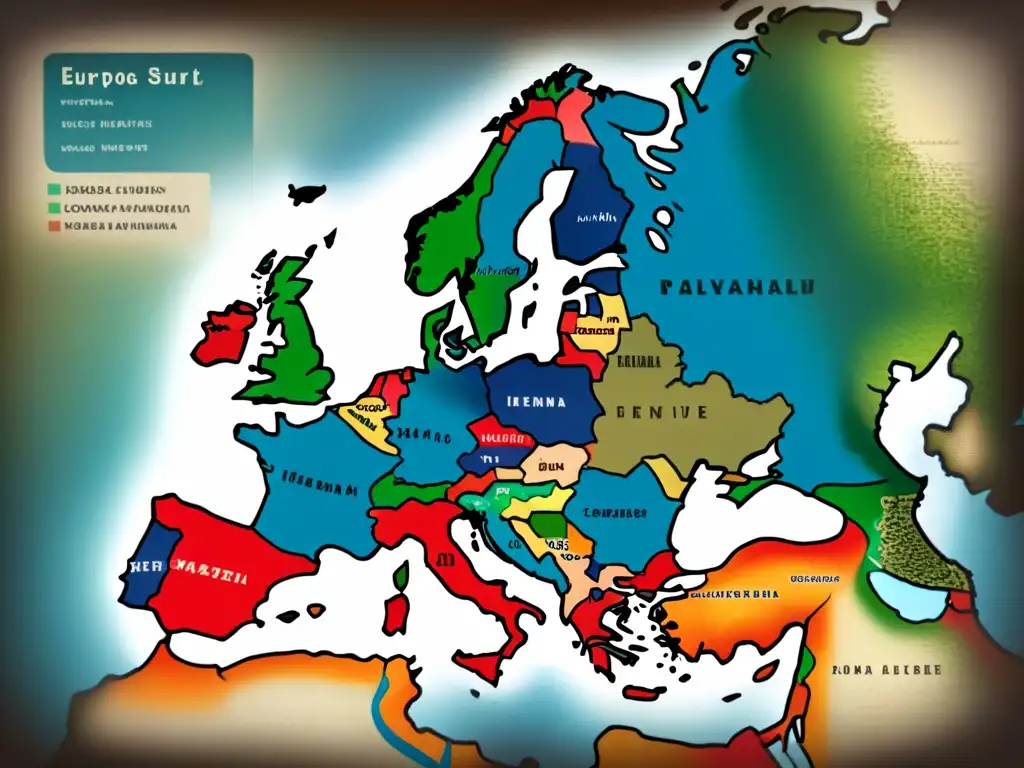 Mapa detallado vintage de Europa con caligrafía de apellidos judíos, ilustraciones históricas y colores desgastados