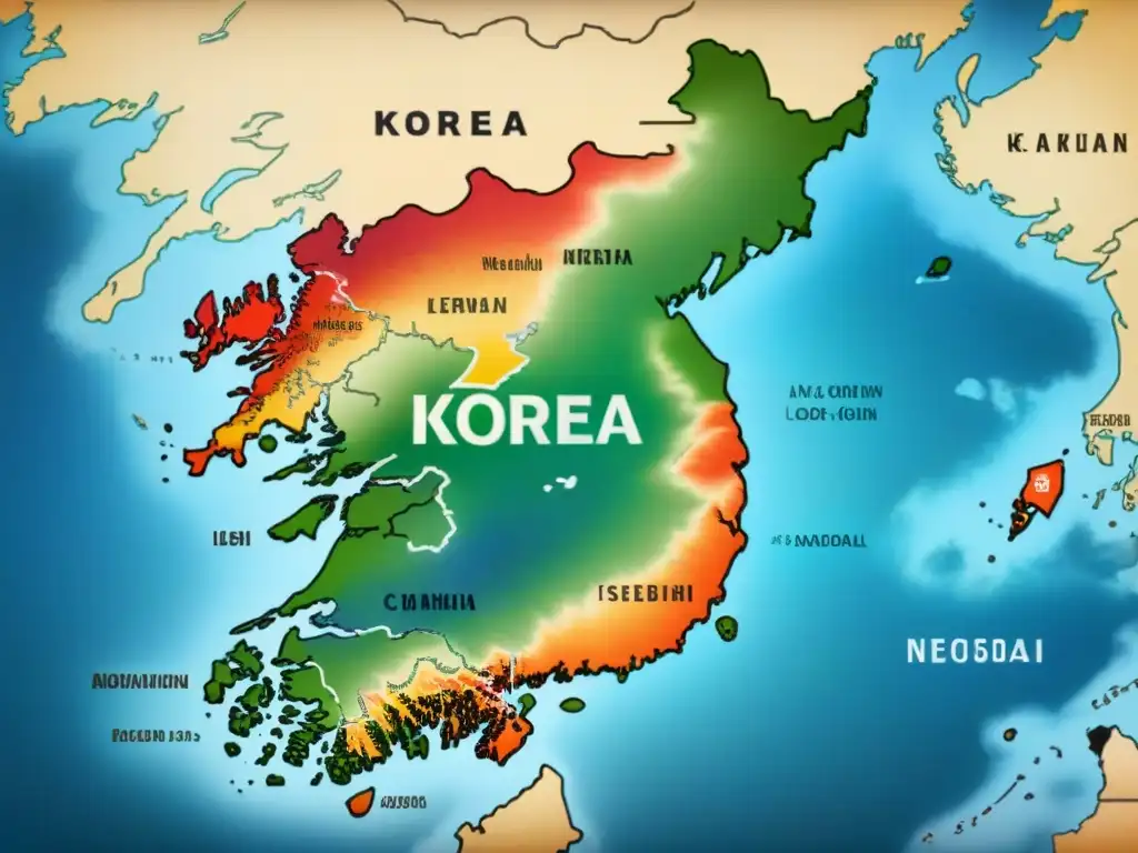 Mapa detallado vintage de Corea con caligrafía tradicional, historia apellidos coreanos significados