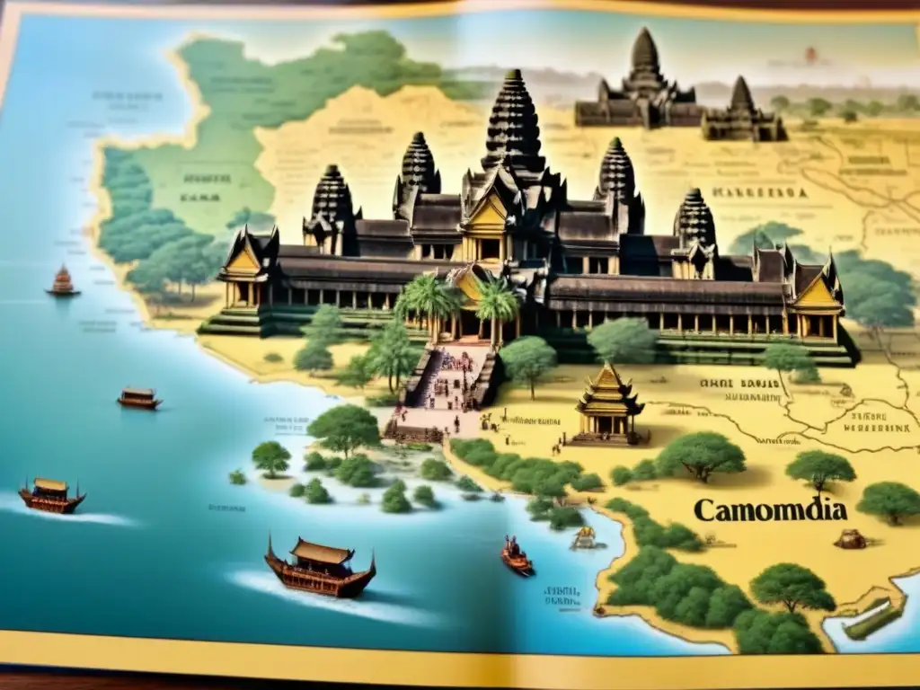 Mapa detallado vintage de Camboya con ilustraciones de hitos históricos, palacios reales y templos antiguos como Angkor Wat