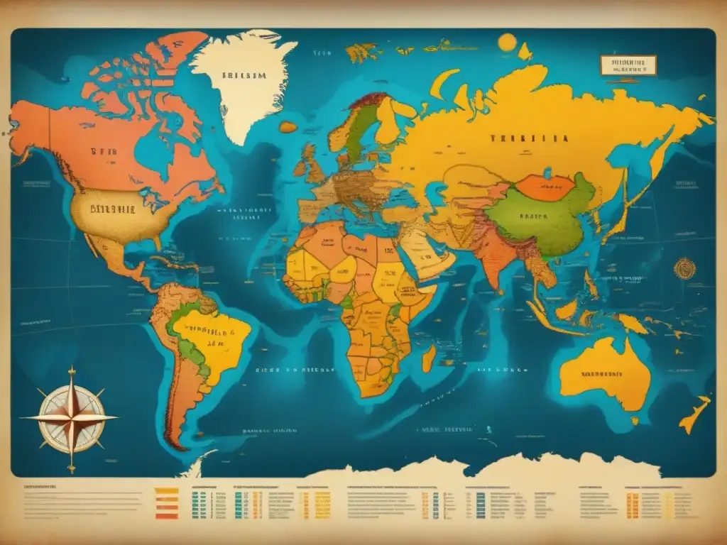 Mapa detallado vintage mostrando la dispersión de apellidos influenciados por la religión en la diáspora a través de continentes, con ilustraciones de iglesias, templos, mezquitas y sinagogas, marcando ubicaciones clave