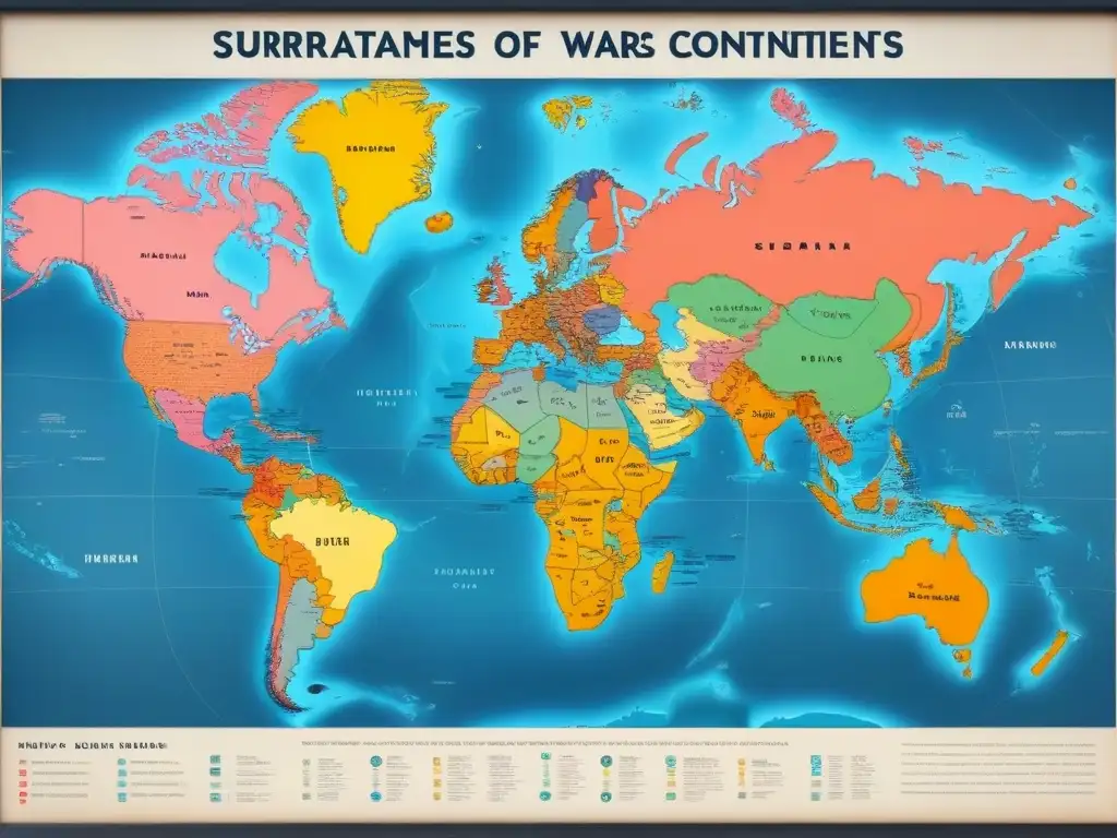 Mapa detallado vintage mostrando la dispersión de apellidos por continentes durante las guerras mundiales