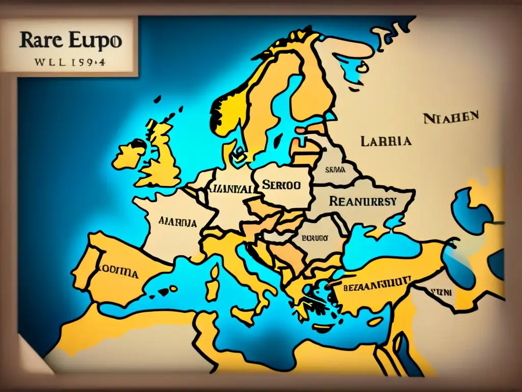 Mapa detallado vintage de Europa Occidental con distribución de apellidos raros, caligrafía intrincada y tonos sepia