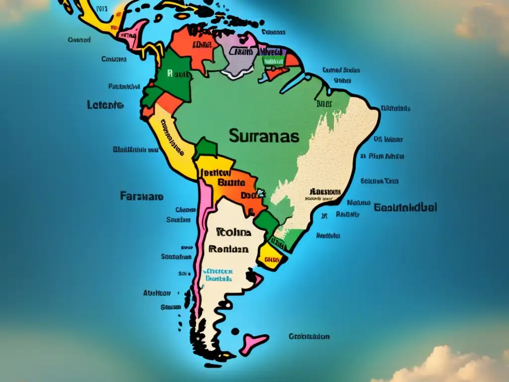 Mapa detallado vintage de América Latina con distribución de apellidos que comienzan con 'A'