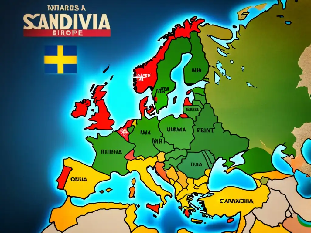 Mapa detallado vintage de Escandinavia con escudos familiares y líneas de migración