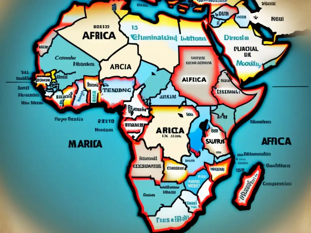 Mapa detallado vintage de África con fronteras intrincadas en tonos sepia, resaltando rutas de migración y movilidad de apellidos en África