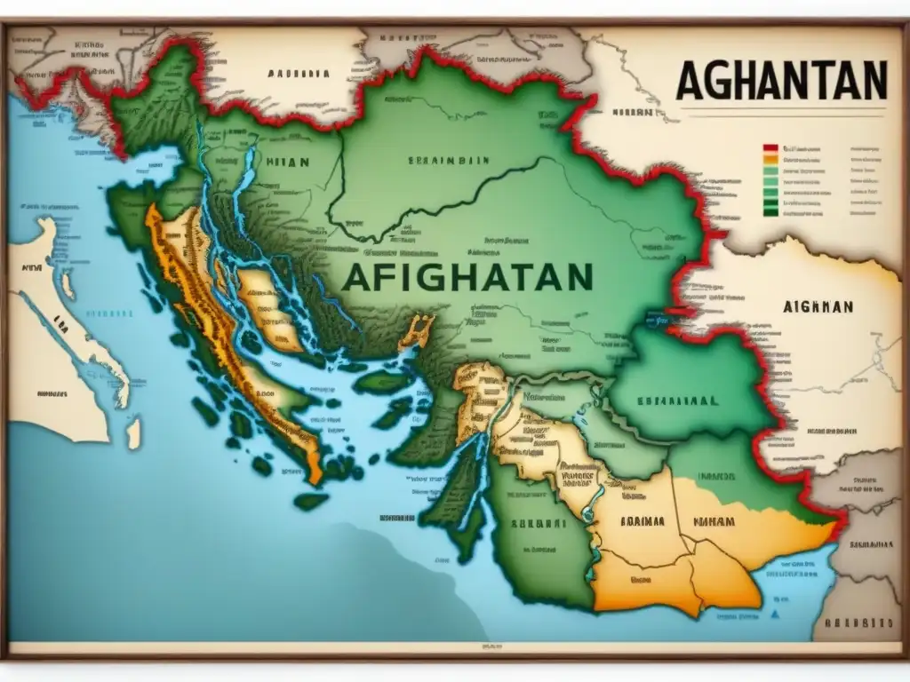 Mapa detallado vintage de Afganistán mostrando la evolución de las fronteras y regiones, con impacto en los apellidos