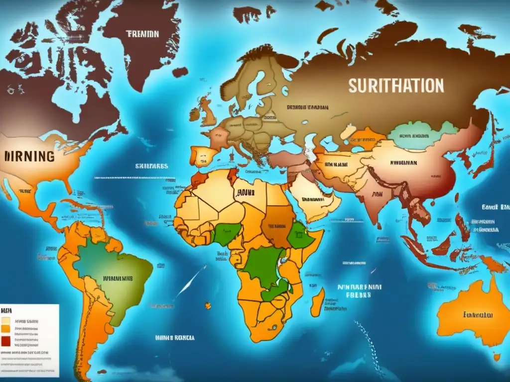 Mapa detallado vintage de distribución global de apellidos por inmigración, con conexiones culturales