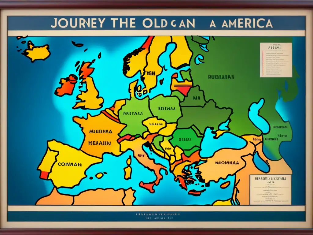 Mapa detallado vintage de la historia de apellidos Europa América: rutas, barcos y hitos históricos en un viaje de descubrimiento