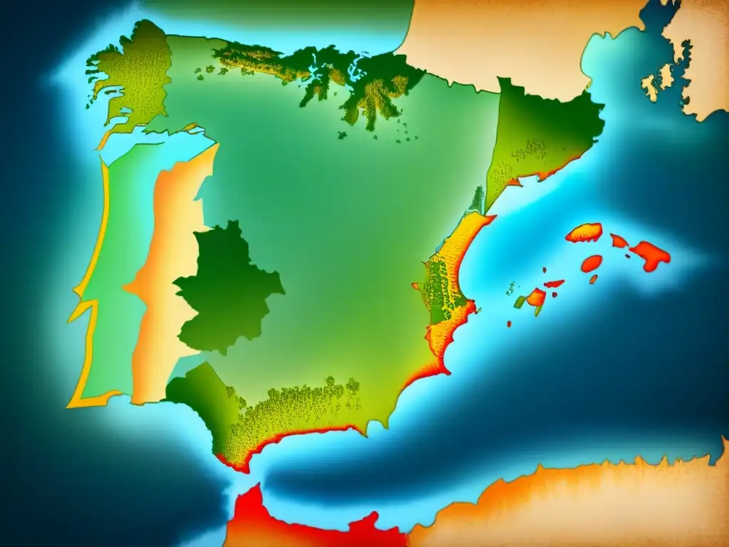 Mapa detallado vintage de España con historia de apellidos entrelazada en geografía, linajes y genealogía