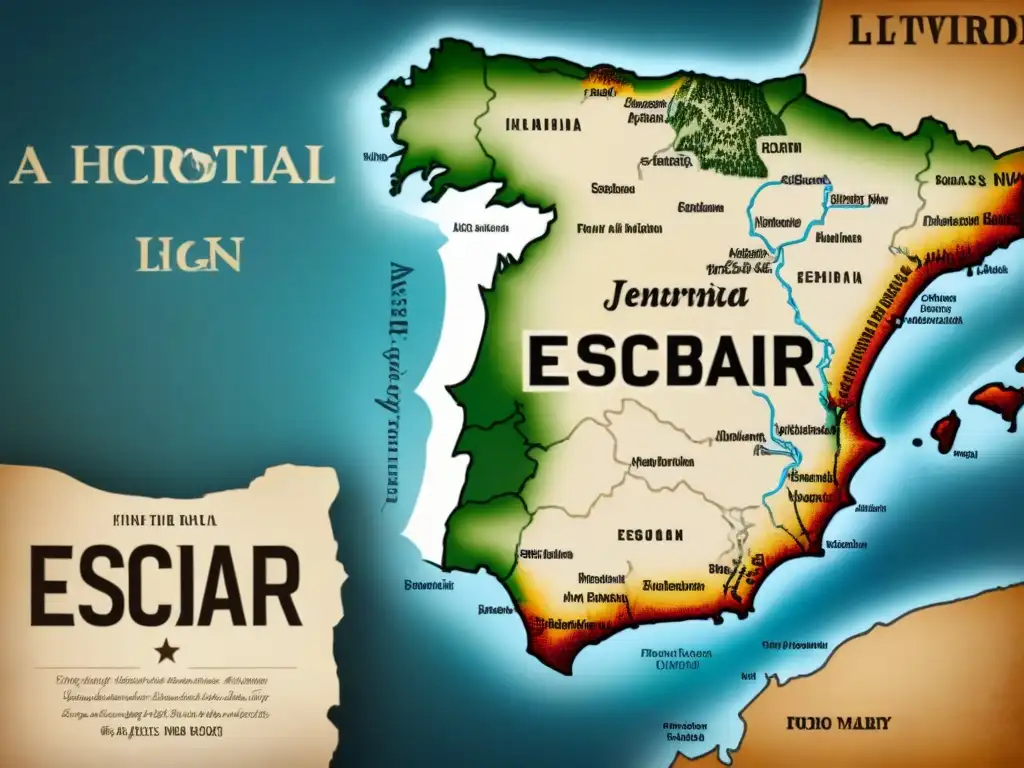 Un mapa detallado vintage de la Península Ibérica, destacando regiones y ciudades significantes para la Historia del apellido Escobar en España