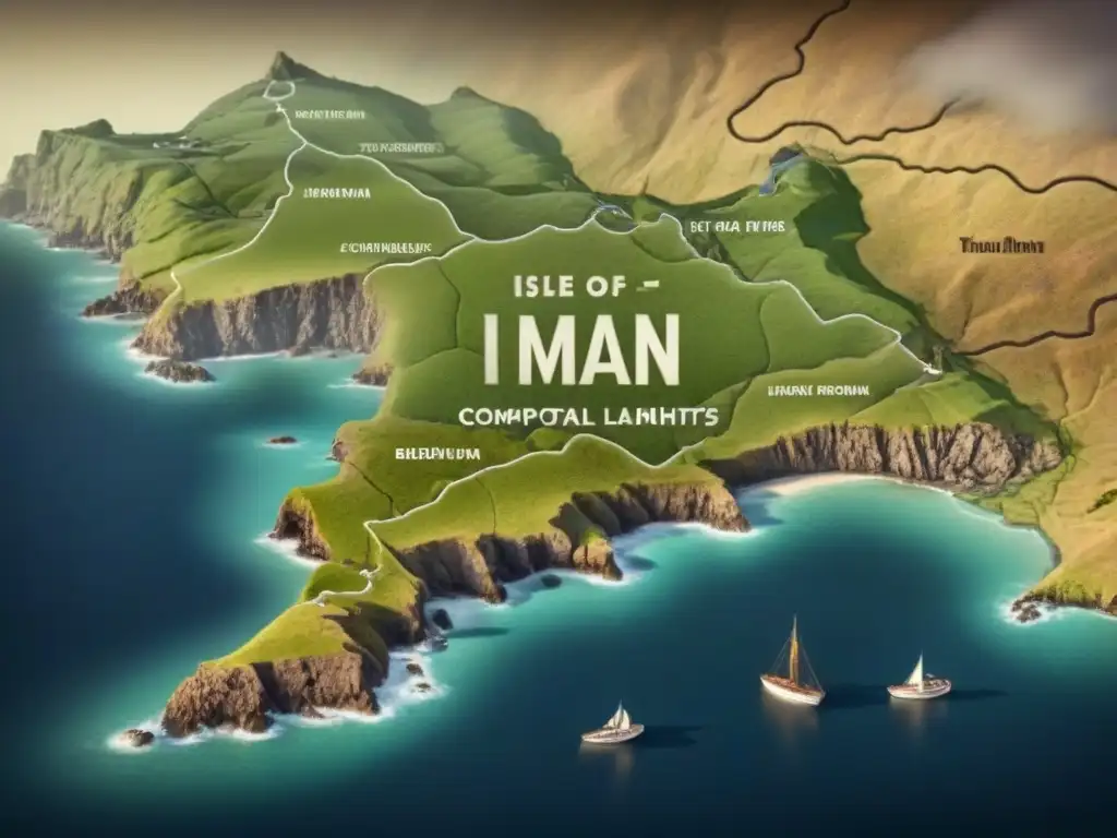 Mapa detallado vintage de la Isla de Man con topografía, líneas costeras y monumentos históricos, en tonos sepia envejecidos