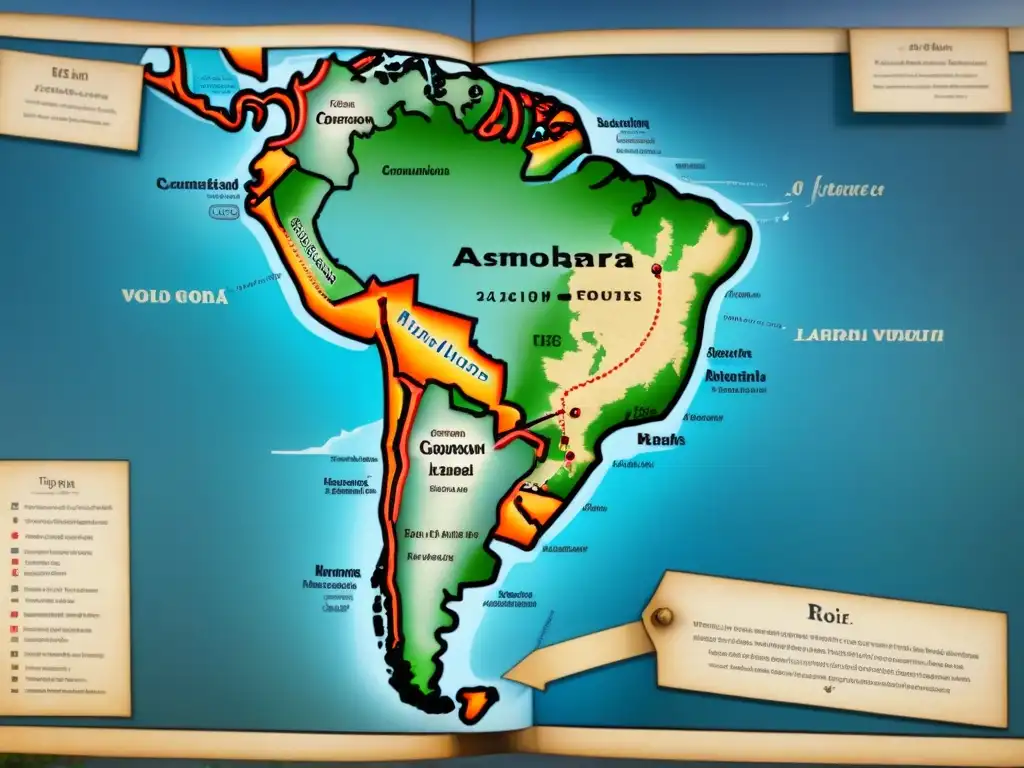 Mapa detallado vintage de América Latina con rutas de conquistadores y apellidos con Q en América Latina, toques antiguos