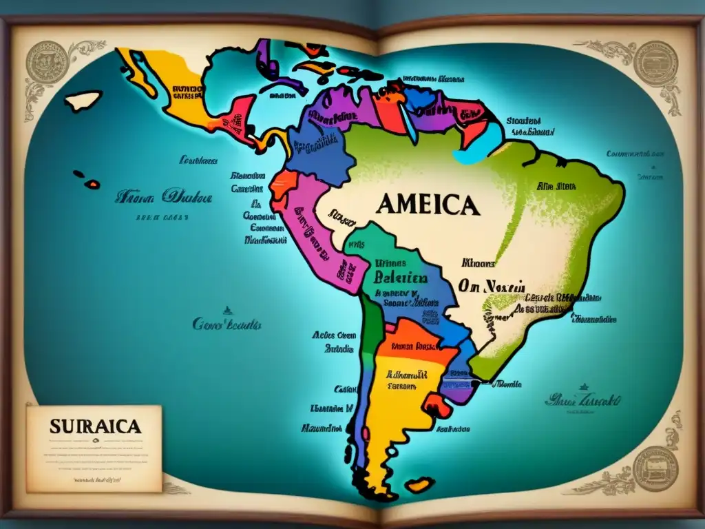 Mapa detallado vintage de América Latina mostrando la distribución de apellidos que inician con 'A'