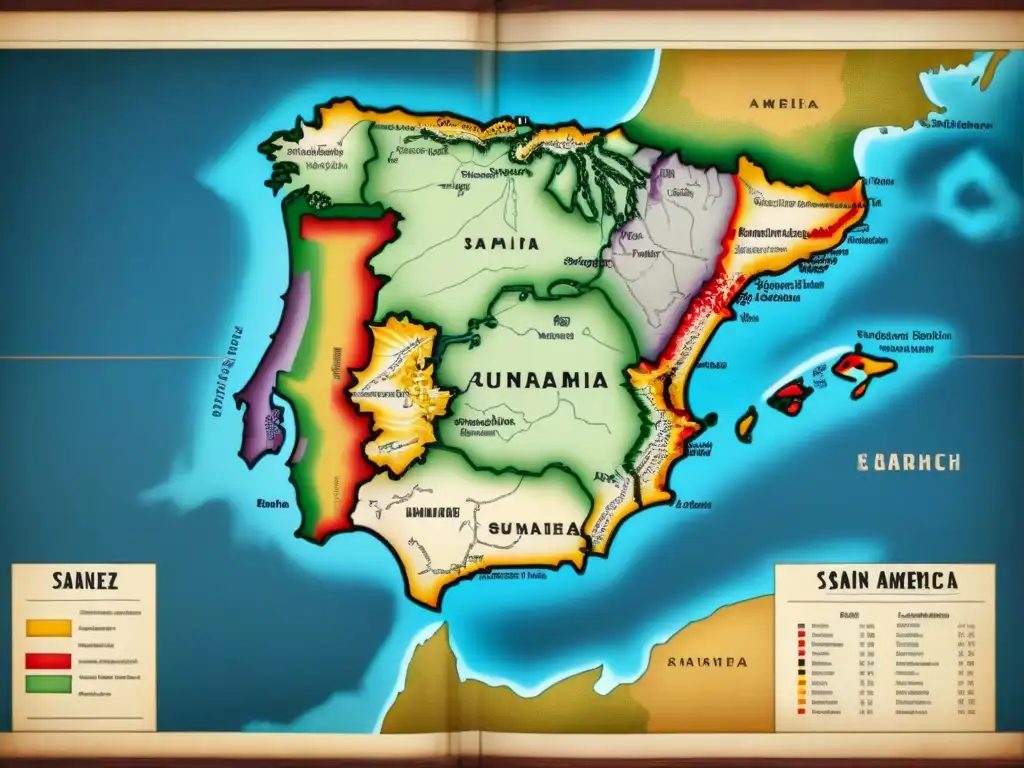 Mapa detallado vintage de España y Latinoamérica mostrando origen y expansión del apellido Sánchez, con detalles ornamentales y rutas intrincadas