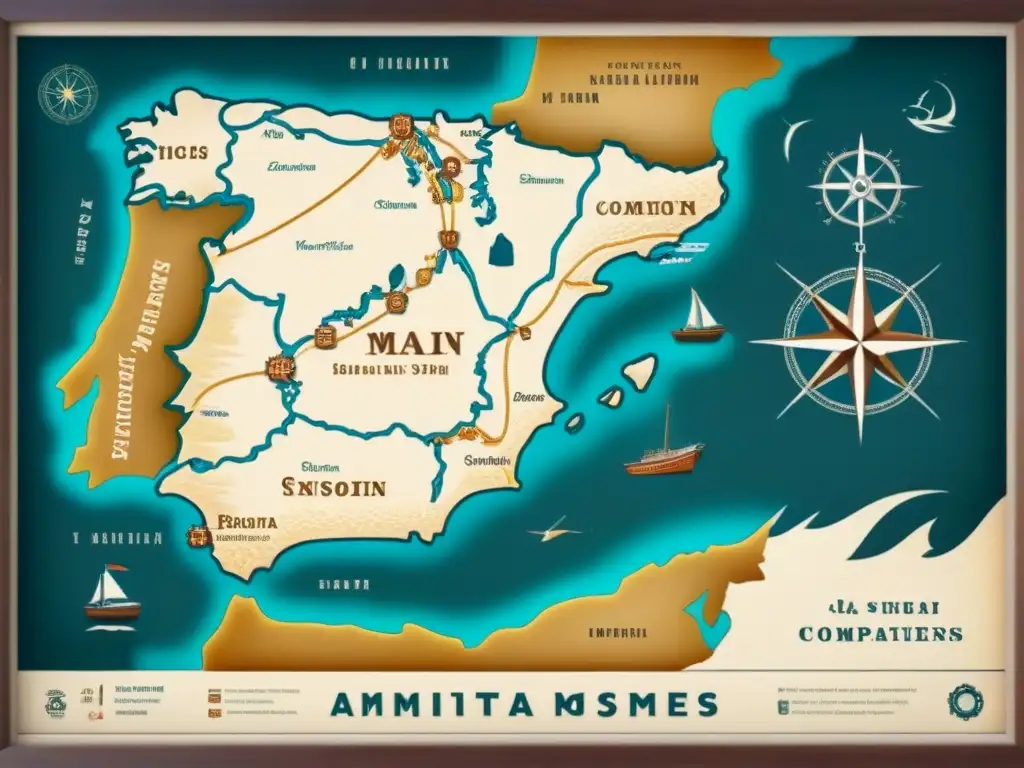 Mapa detallado vintage de España con líneas costeras, barcos y símbolos marítimos